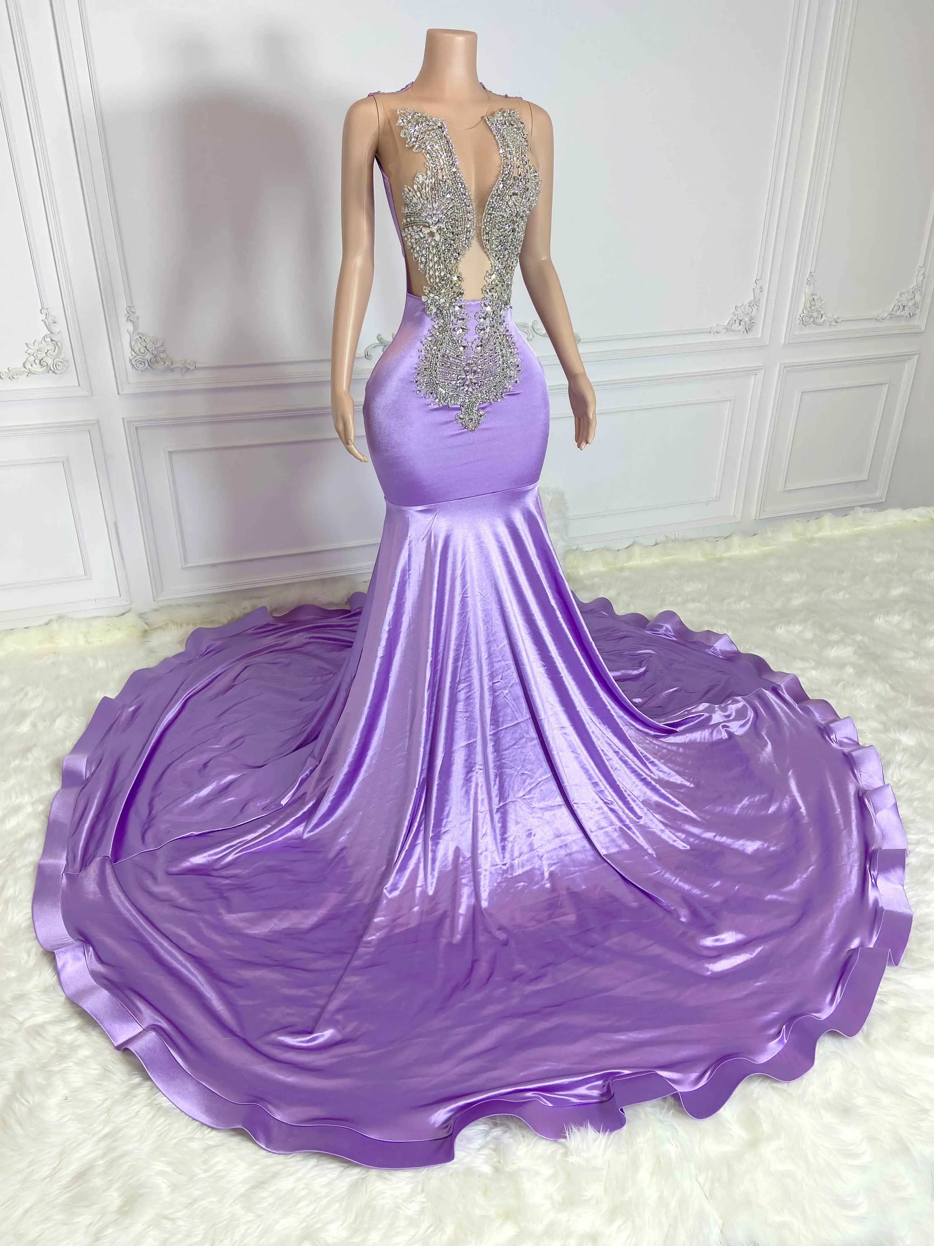 Purple Hollow Out and Rhinestone Sleeveless Maxi Gown