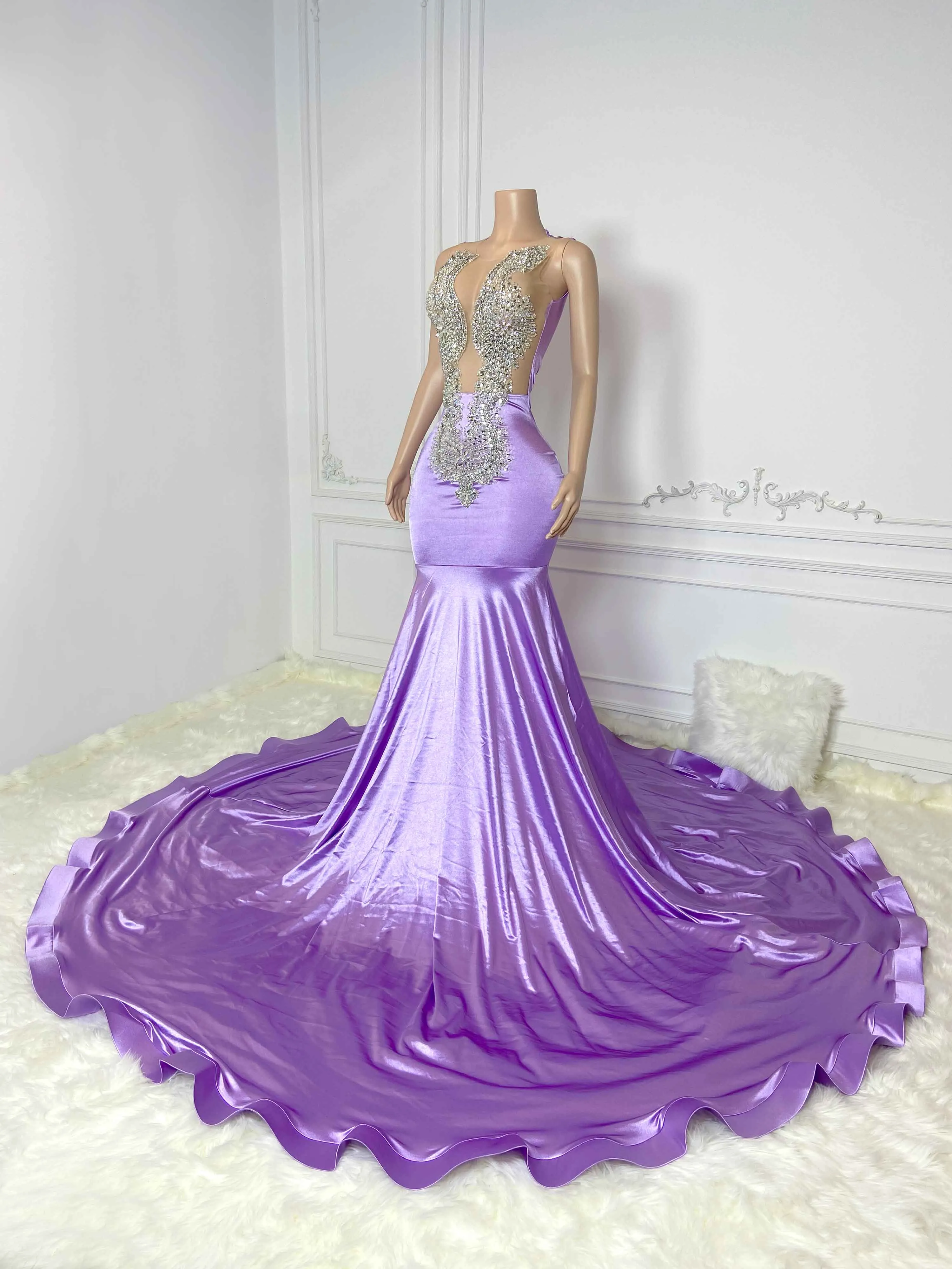 Purple Hollow Out and Rhinestone Sleeveless Maxi Gown