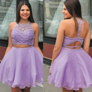 purple two piece prom dresses short homecoming dresses 2020 beaded halter sexy lavender graduation dress