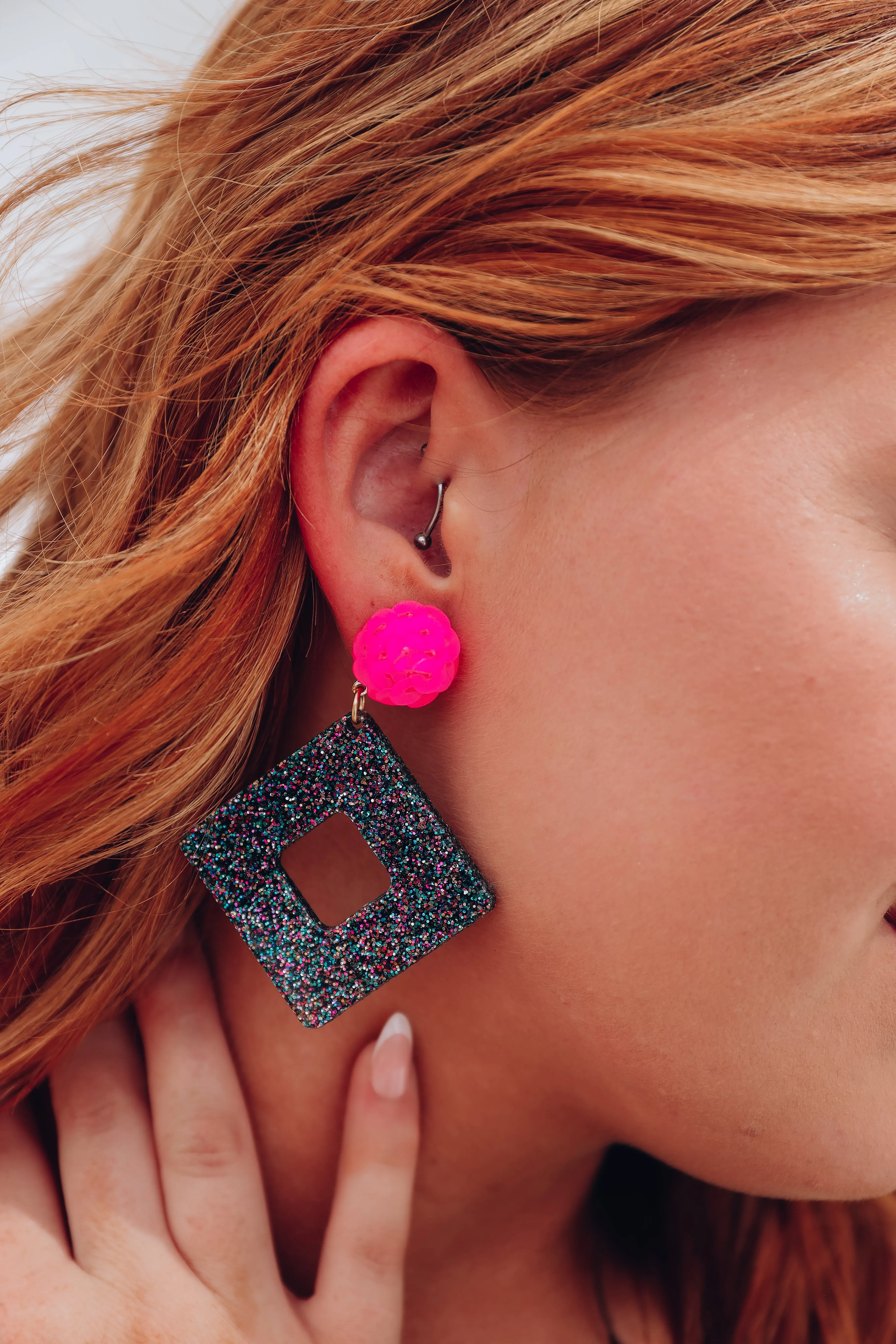 Rainbow Acrylic Diamond & Hot Pink Sequin Earrings