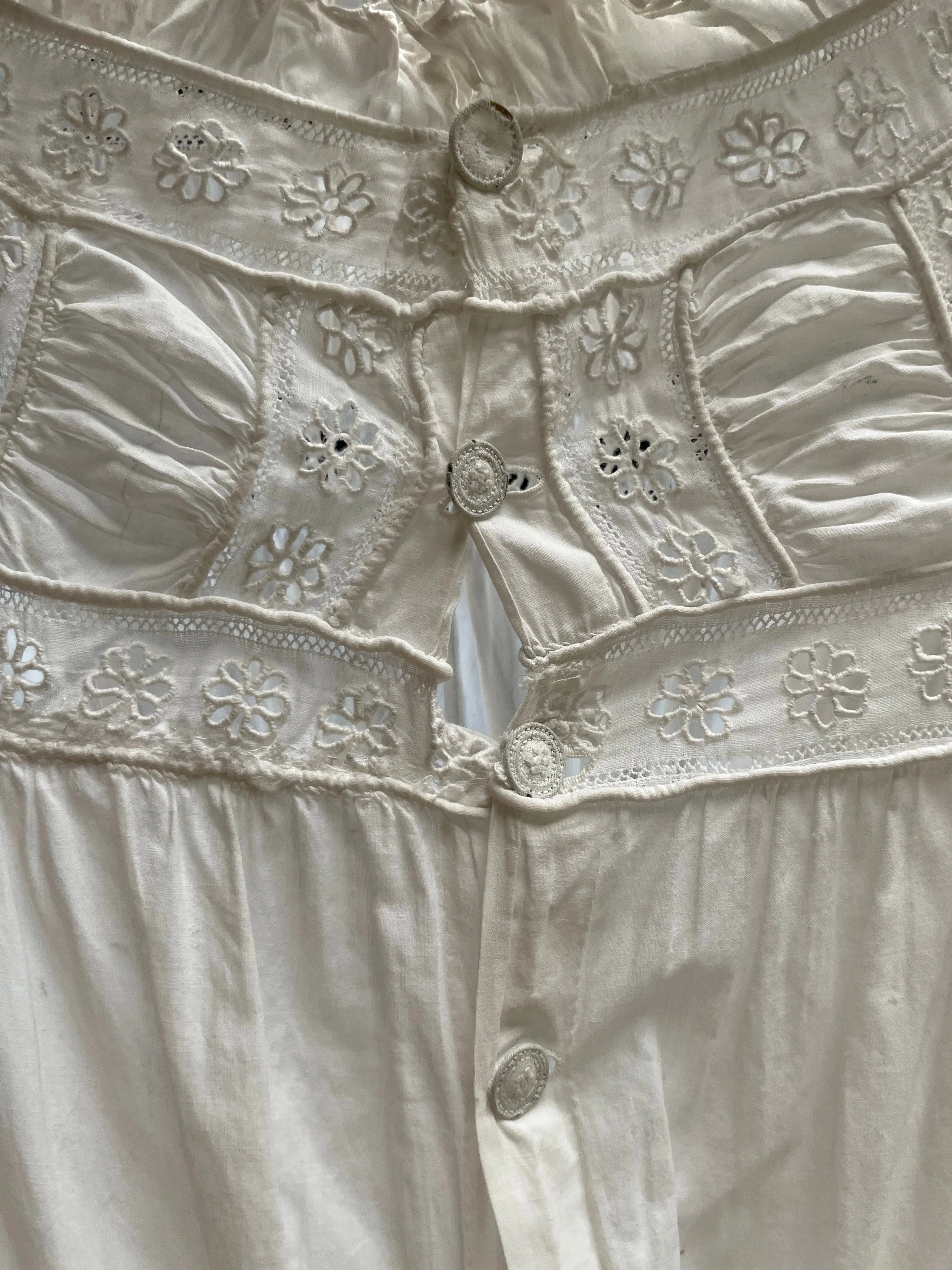 Rare 1830s Hand Sewn Cotton Eyelet Day Dress