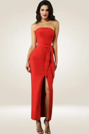 Red Bodycon Front Slit Strapless Cocktail Dress