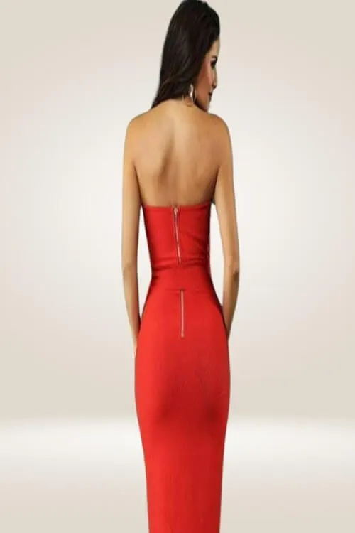 Red Bodycon Front Slit Strapless Cocktail Dress