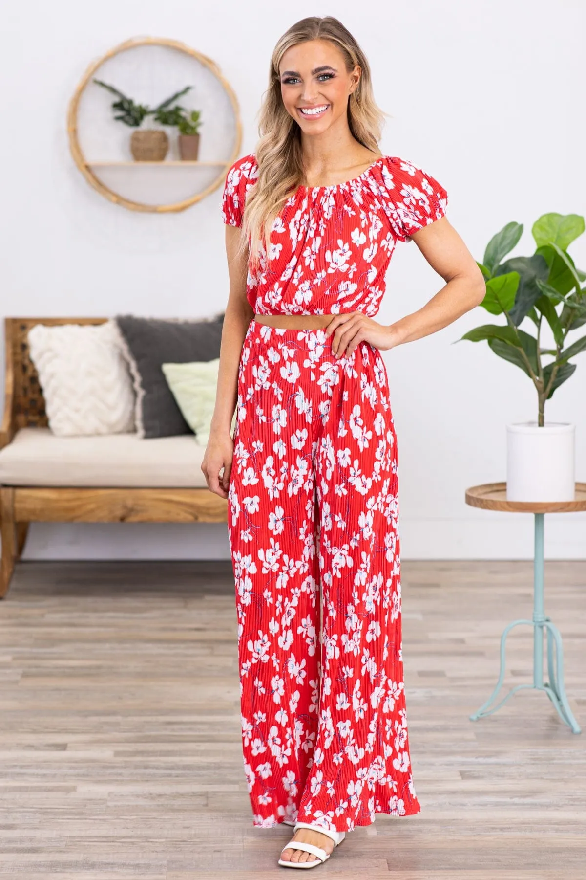 Red Crystal Pleat Floral Print Puff Sleeve Top