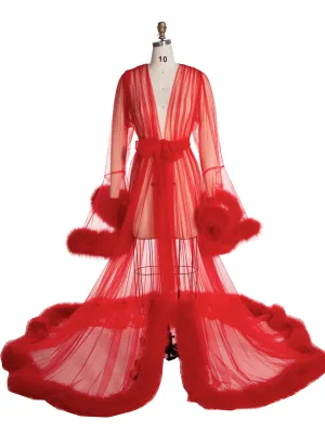 Red Feather Boudoir Dressing Gown, Bridal Feather Robe, Pregnancy Shoot Dress YW2032