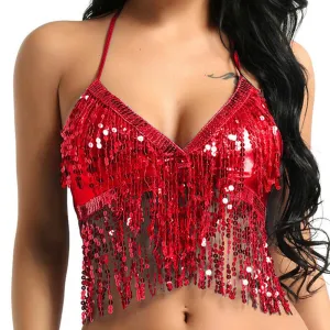 Red Sequin Fringe Halter Top