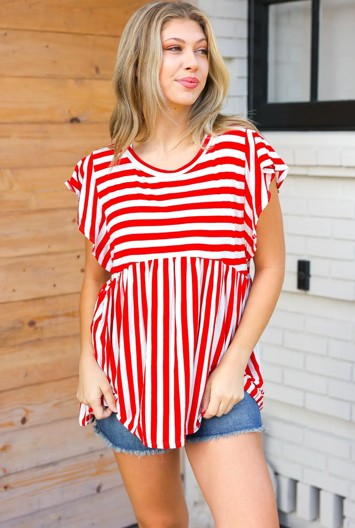 Red Stripe Babydoll Flutter Sleeve Top
