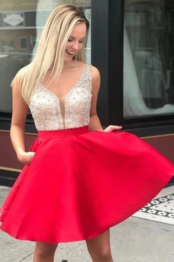 Red V-Neck Sleeveless Beading Backless Satin Homecoming Dress, MH458