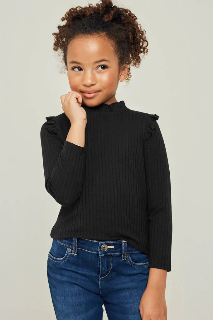Ribbed Ruffle Mock Neck Long Sleeve Top - Black