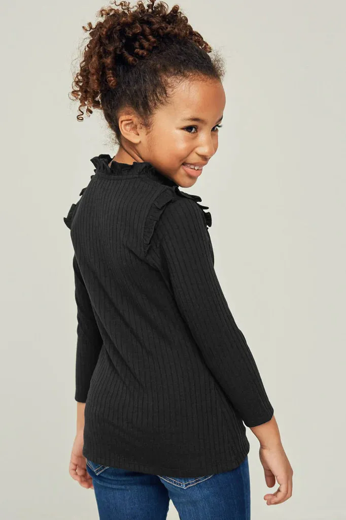 Ribbed Ruffle Mock Neck Long Sleeve Top - Black