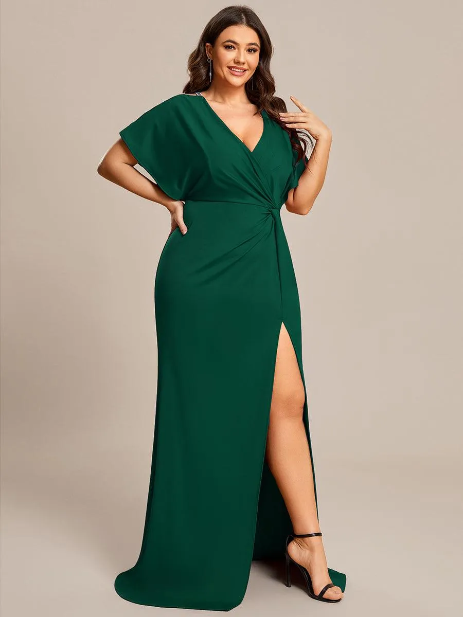 Robe de Soirée Haute Fendue à Manches Paillettes de Grande Taille