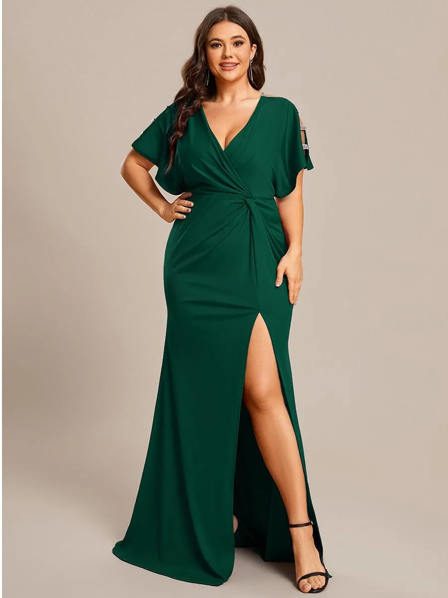 Robe de Soirée Haute Fendue à Manches Paillettes de Grande Taille