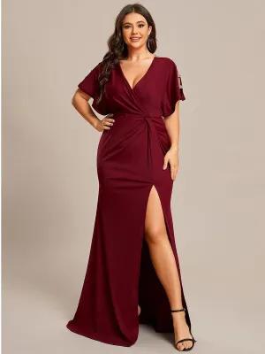 Robe de Soirée Haute Fendue à Manches Paillettes de Grande Taille