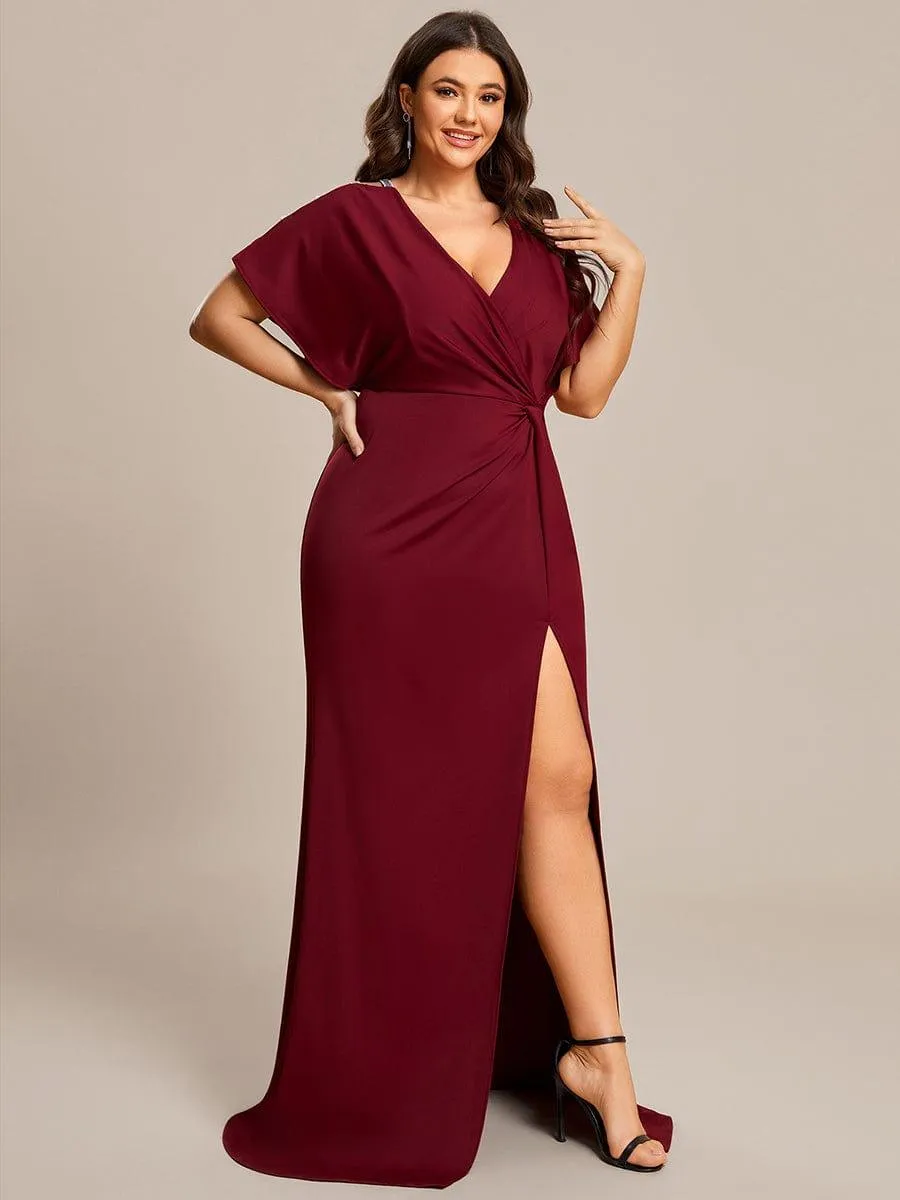 Robe de Soirée Haute Fendue à Manches Paillettes de Grande Taille