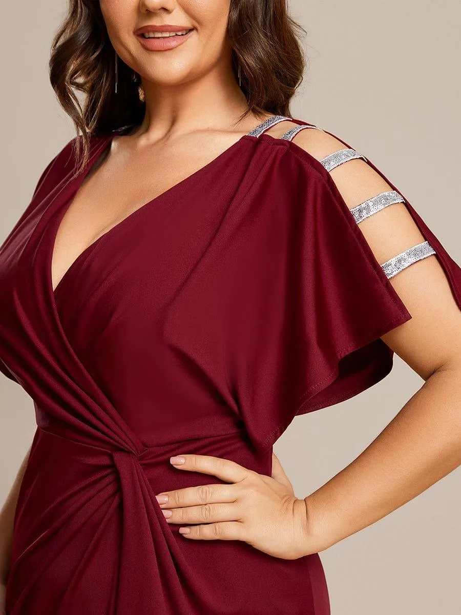 Robe de Soirée Haute Fendue à Manches Paillettes de Grande Taille