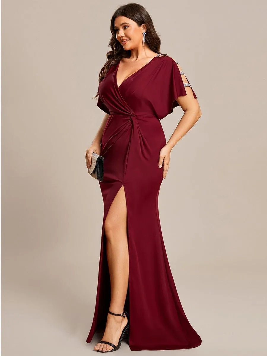 Robe de Soirée Haute Fendue à Manches Paillettes de Grande Taille
