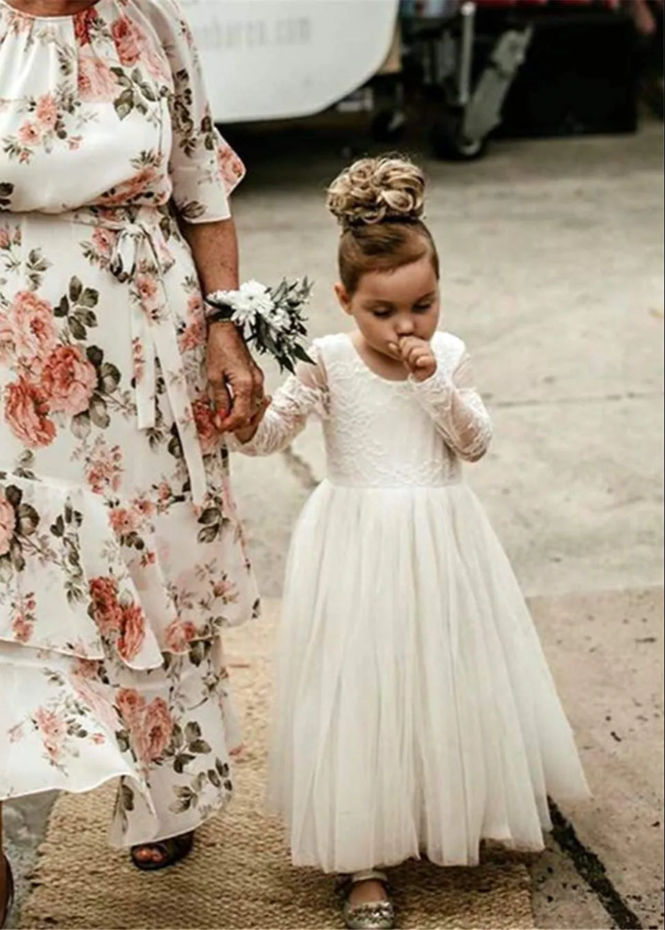 Rose Lace Flower Girl Dress in White