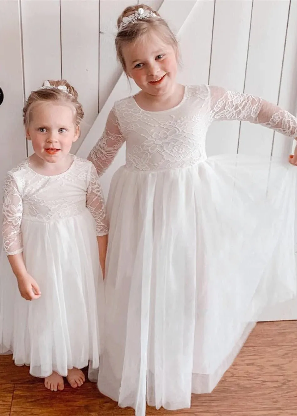 Rose Lace Flower Girl Dress in White