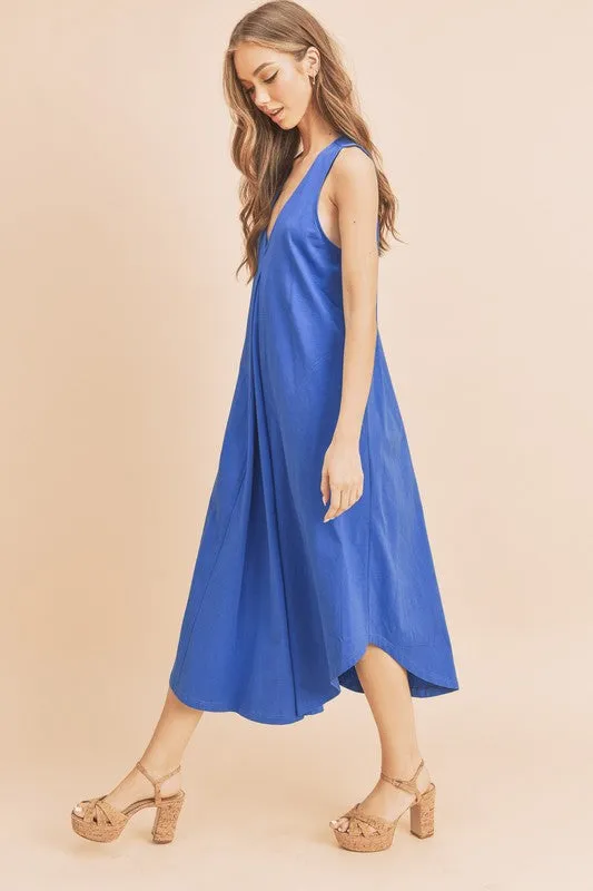 Royal Blue Front Pleat Detail V-Neck Sleeveless Midi Dress