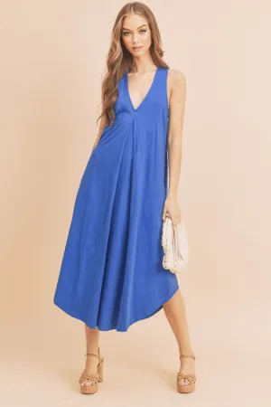 Royal Blue Front Pleat Detail V-Neck Sleeveless Midi Dress