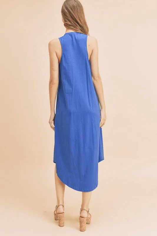 Royal Blue Front Pleat Detail V-Neck Sleeveless Midi Dress