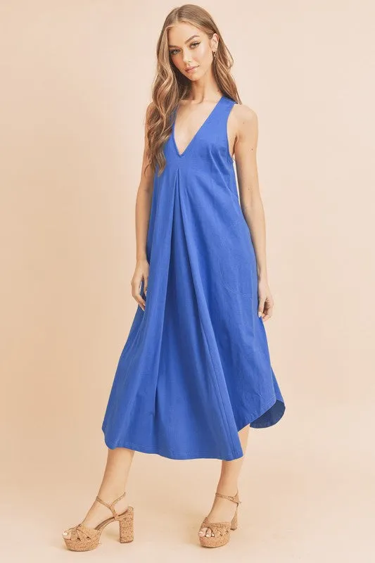 Royal Blue Front Pleat Detail V-Neck Sleeveless Midi Dress