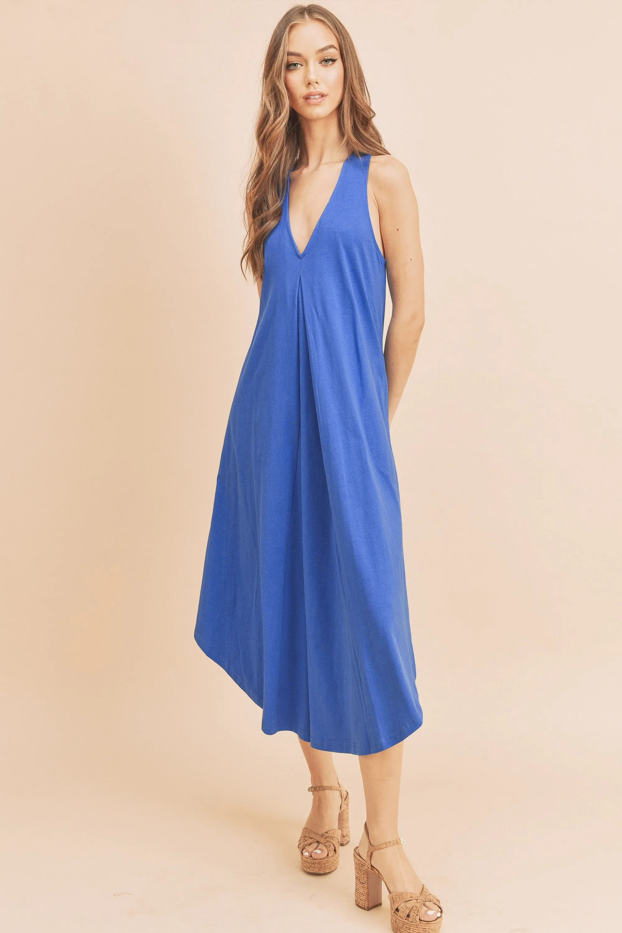Royal Blue Front Pleat Detail V-Neck Sleeveless Midi Dress