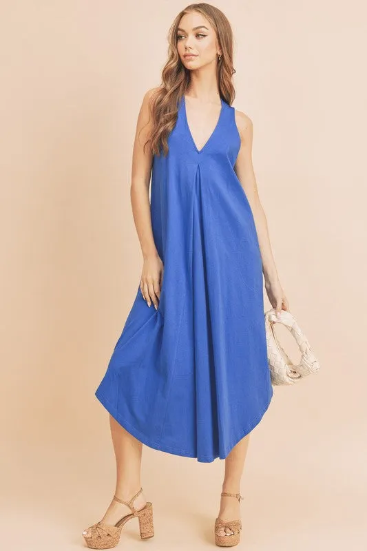 Royal Blue Front Pleat Detail V-Neck Sleeveless Midi Dress