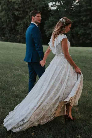 Roycebridal A-line V Back Lace Cap Sleeves Beach Wedding Dresses, Bridal Gowns, MW841