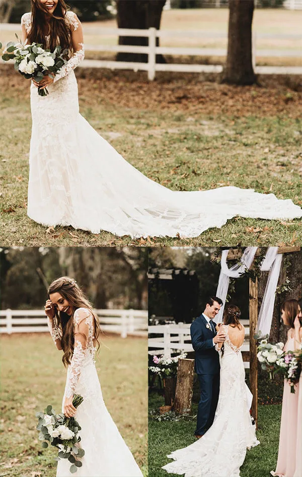 Roycebridal Elegant Mermaid Wedding Dresses Long Sleeves V-neck Lace Bridal Gowns,MW467