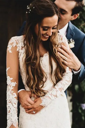 Roycebridal Elegant Mermaid Wedding Dresses Long Sleeves V-neck Lace Bridal Gowns,MW467