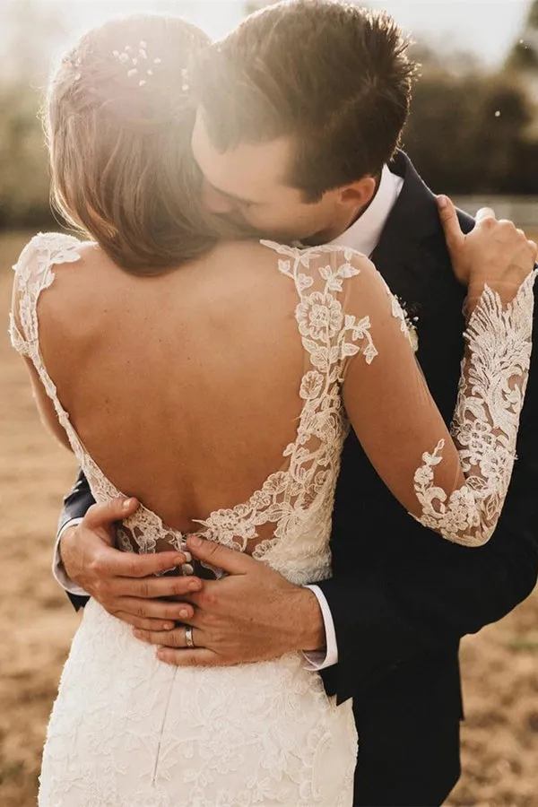 Roycebridal Elegant Mermaid Wedding Dresses Long Sleeves V-neck Lace Bridal Gowns,MW467