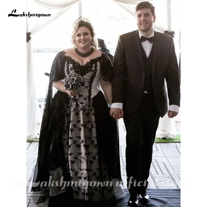Roycebridal Lakshmigown Black Gothic Wedding Dresses with Cape Overskirt Double Chiffon Custom Gown with Flutter Sleeves Robe De Mariee