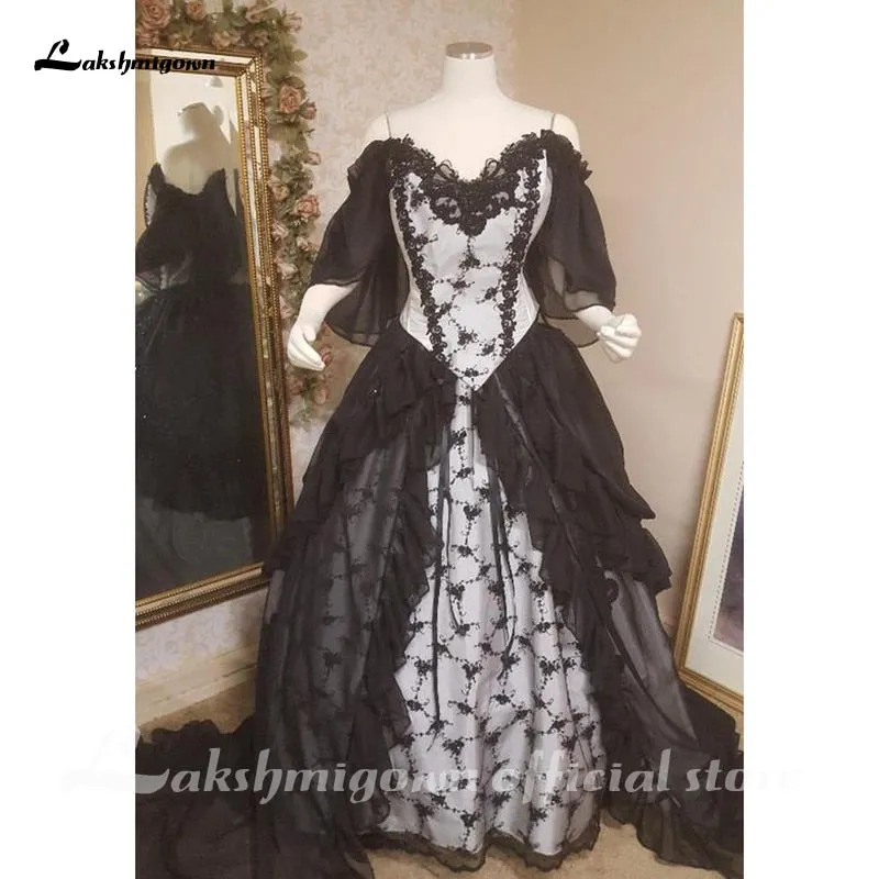 Roycebridal Lakshmigown Black Gothic Wedding Dresses with Cape Overskirt Double Chiffon Custom Gown with Flutter Sleeves Robe De Mariee