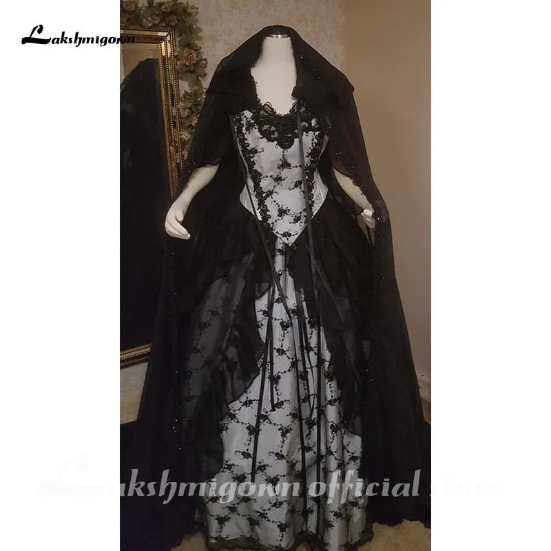 Roycebridal Lakshmigown Black Gothic Wedding Dresses with Cape Overskirt Double Chiffon Custom Gown with Flutter Sleeves Robe De Mariee