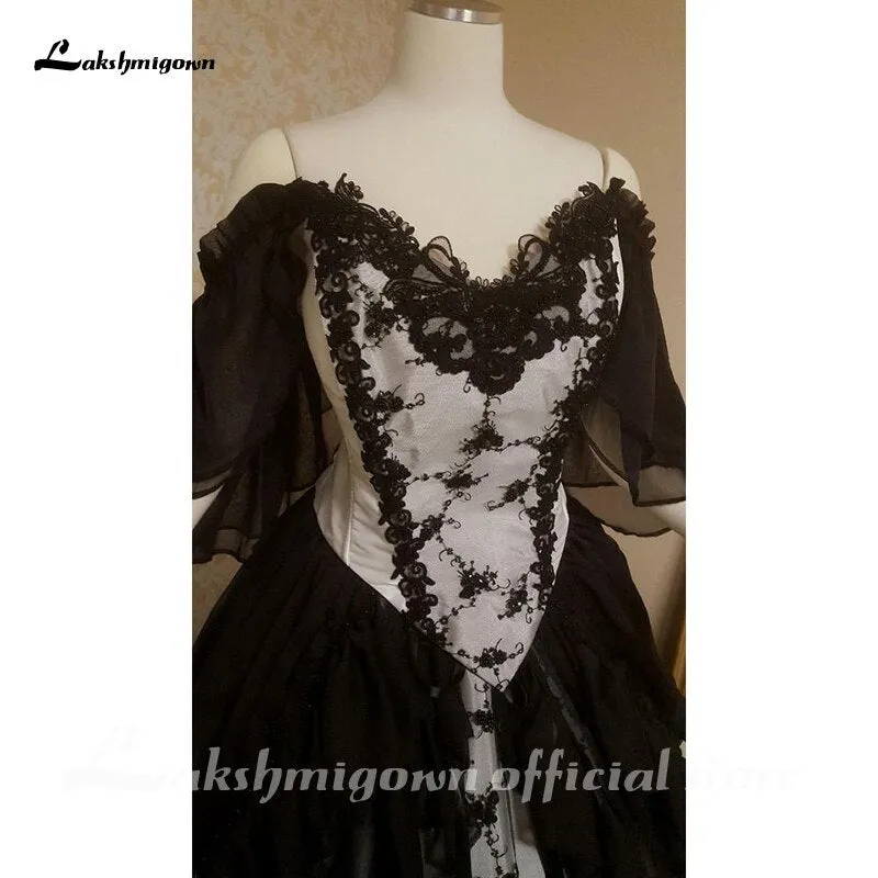 Roycebridal Lakshmigown Black Gothic Wedding Dresses with Cape Overskirt Double Chiffon Custom Gown with Flutter Sleeves Robe De Mariee