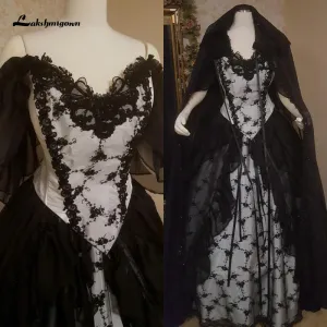 Roycebridal Lakshmigown Black Gothic Wedding Dresses with Cape Overskirt Double Chiffon Custom Gown with Flutter Sleeves Robe De Mariee