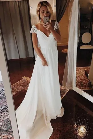 Roycebridal Simple A-line Chiffon Wedding Dresses Cap Sleeve V-neck Bohemian Beach Bridal Gowns,MW335