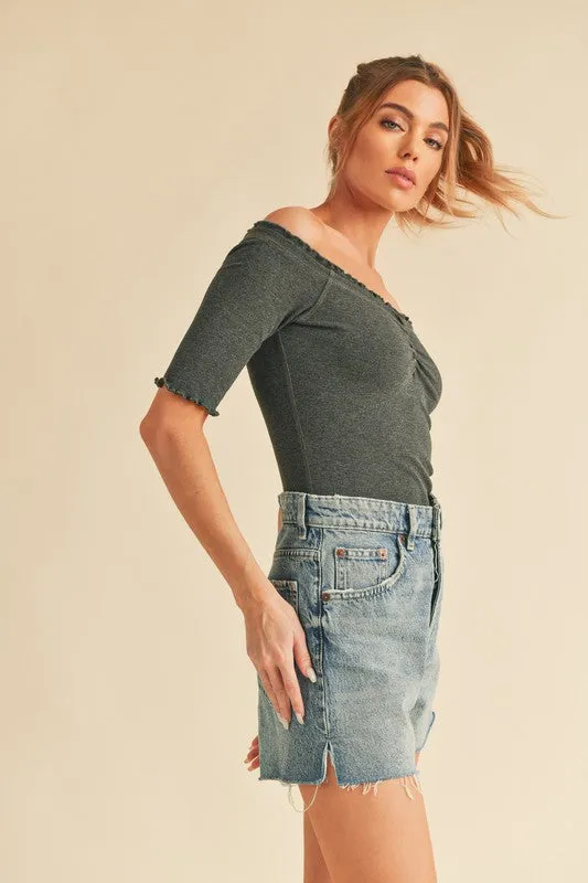 Ruched Frill Off-Shoulder Half Sleeve Knit Top
