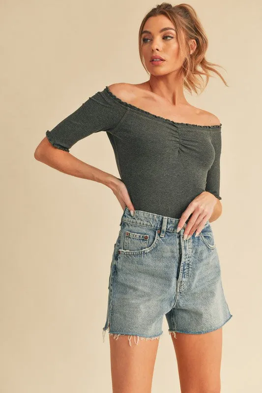Ruched Frill Off-Shoulder Half Sleeve Knit Top