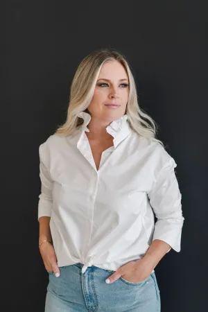 Ruffle Collar Button Down Shirt White