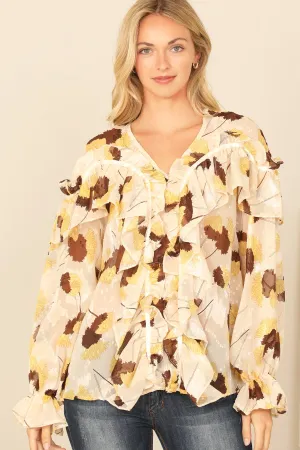 RUFFLE DETAIL LONG SLEEVE PRINTED TOP