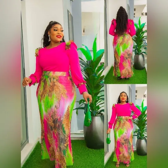 S005 - GORGEOUS PINK & MULTICOLORED PLEATED SKIRT SET