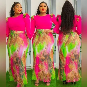 S005 - GORGEOUS PINK & MULTICOLORED PLEATED SKIRT SET