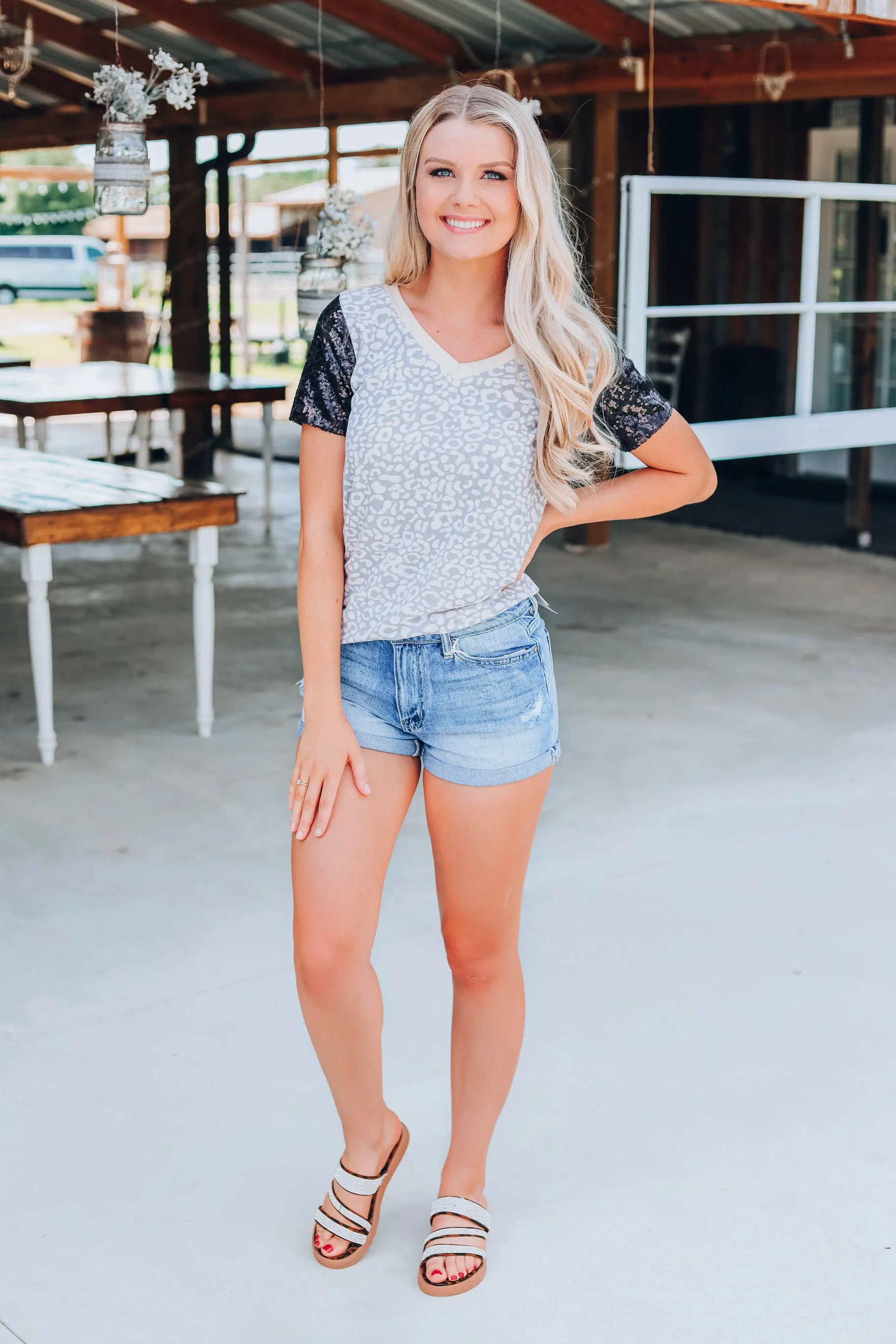 Safari's And Sequins Top - Grey