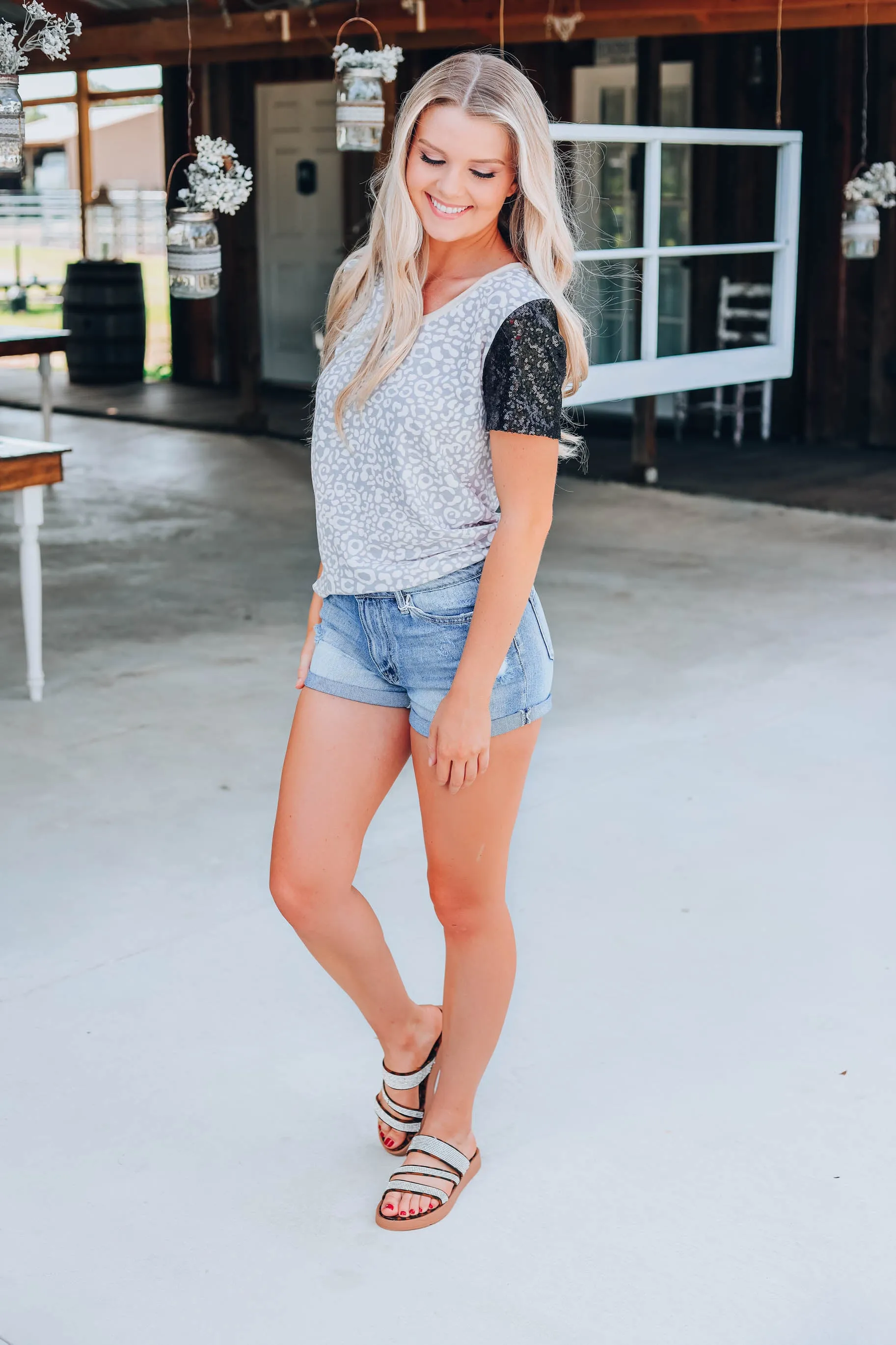 Safari's And Sequins Top - Grey