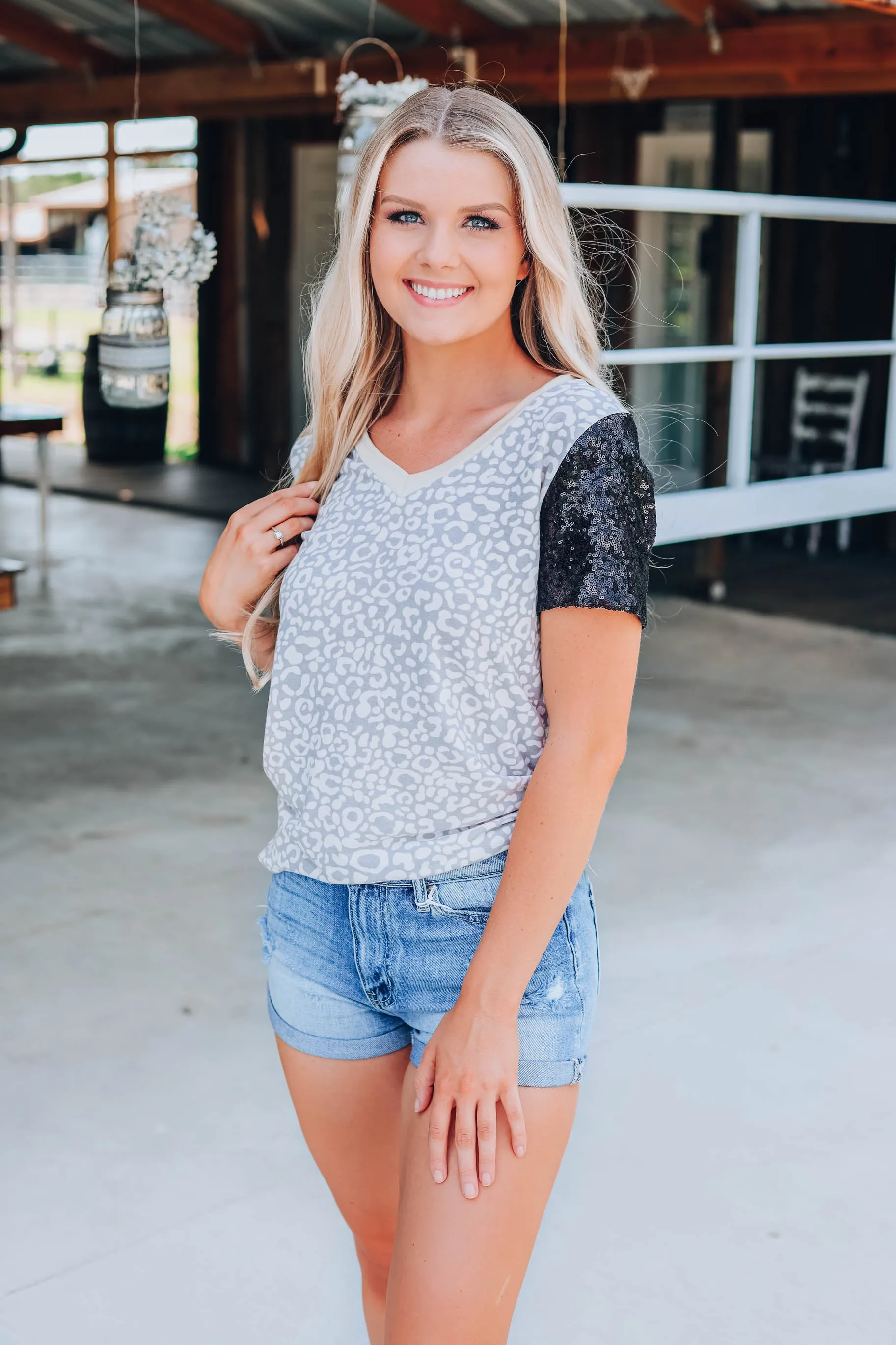 Safari's And Sequins Top - Grey