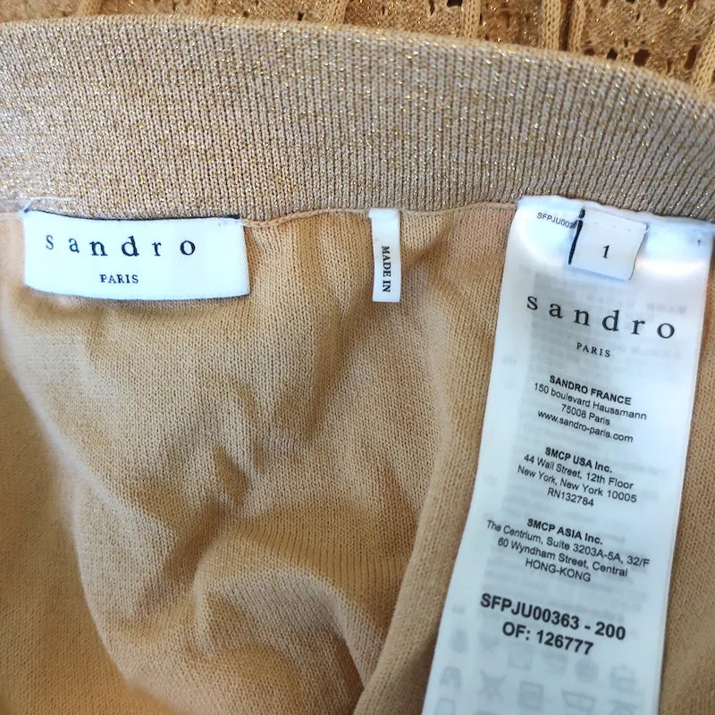 Sandro Pleated Midi Skirt Allea Gold Metallic Pointelle Knit Size 1