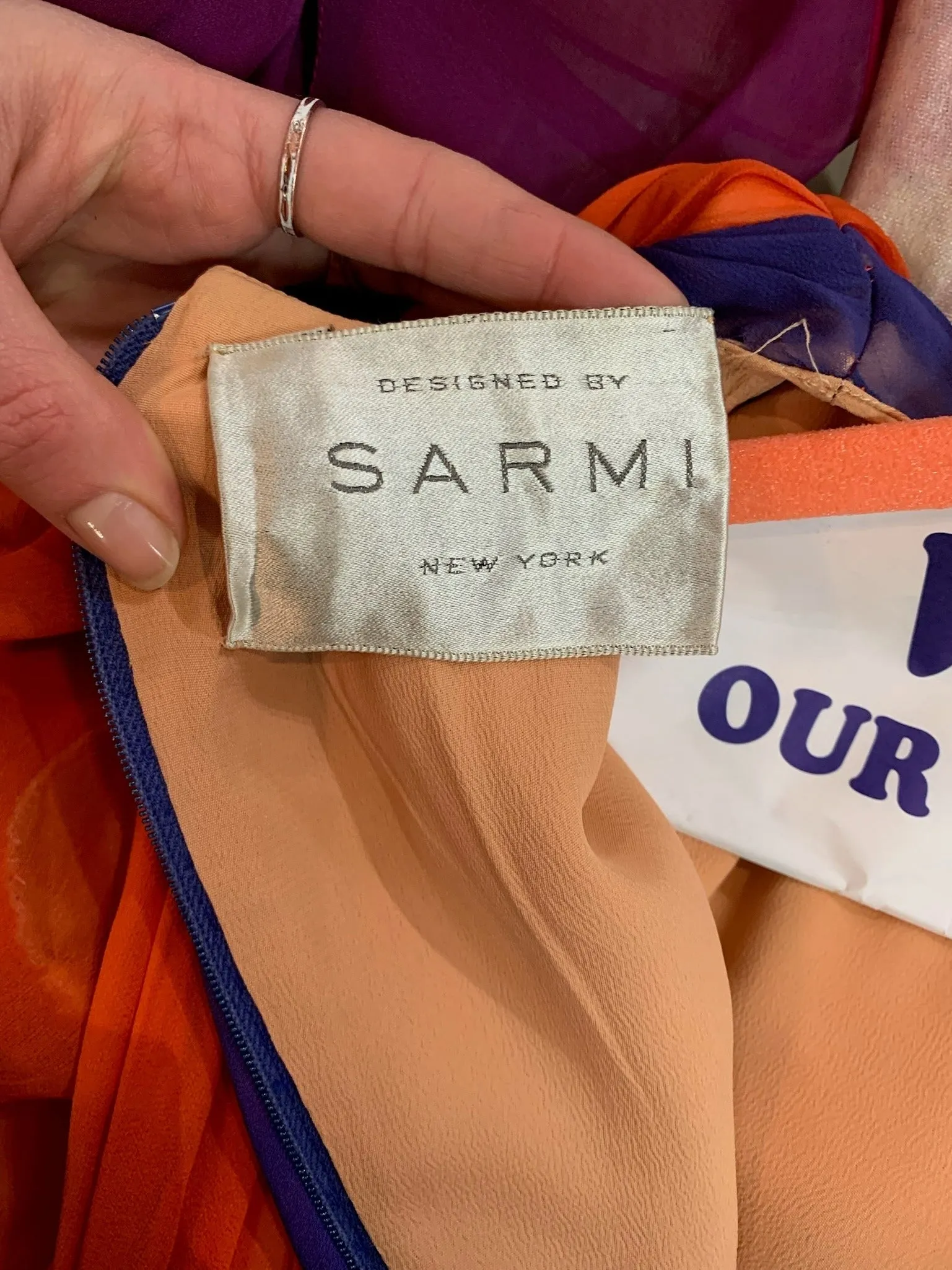 Sarmi 1960's Orange and Violet Chiffon Party Dress with Beaded Waist