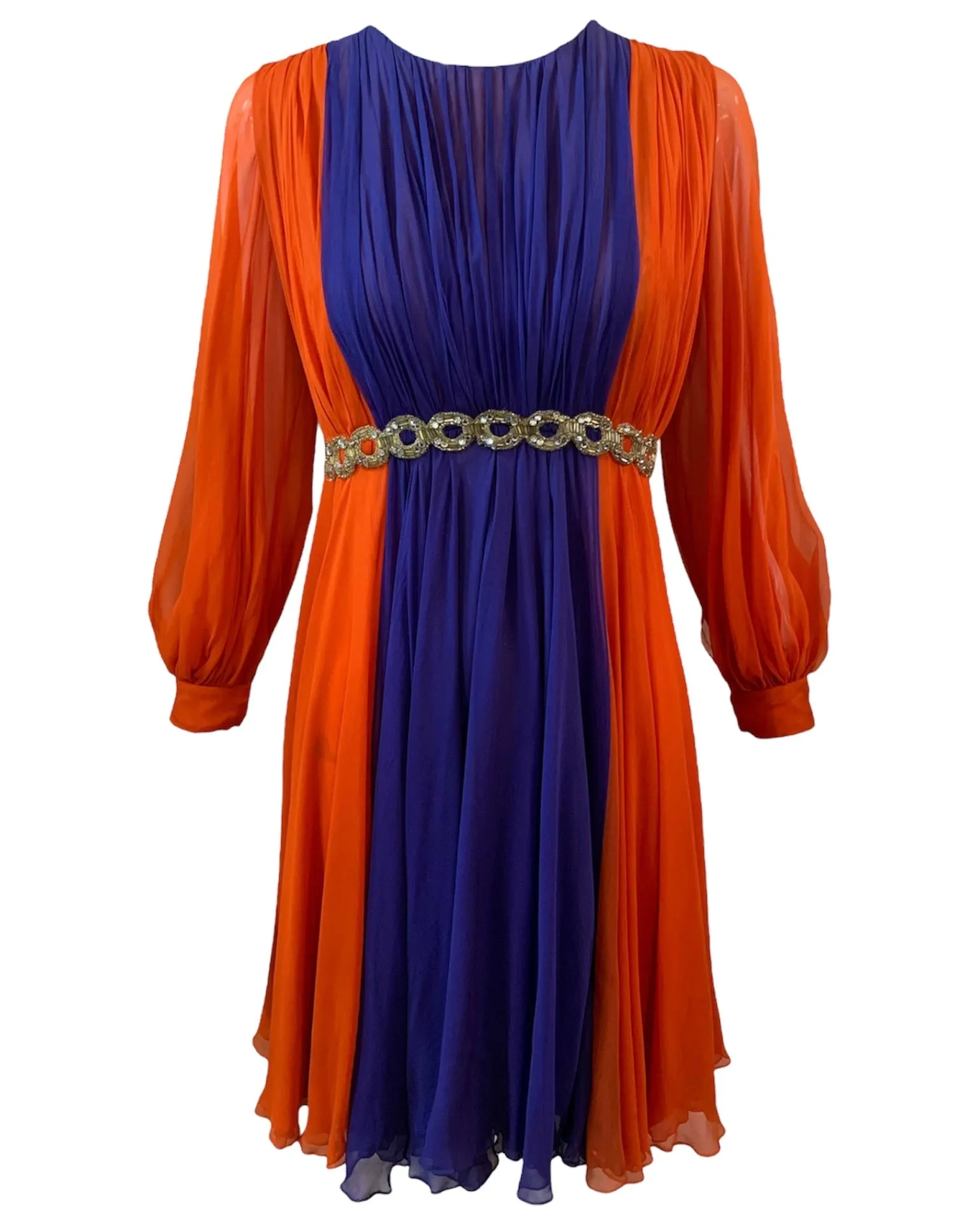 Sarmi 1960's Orange and Violet Chiffon Party Dress with Beaded Waist